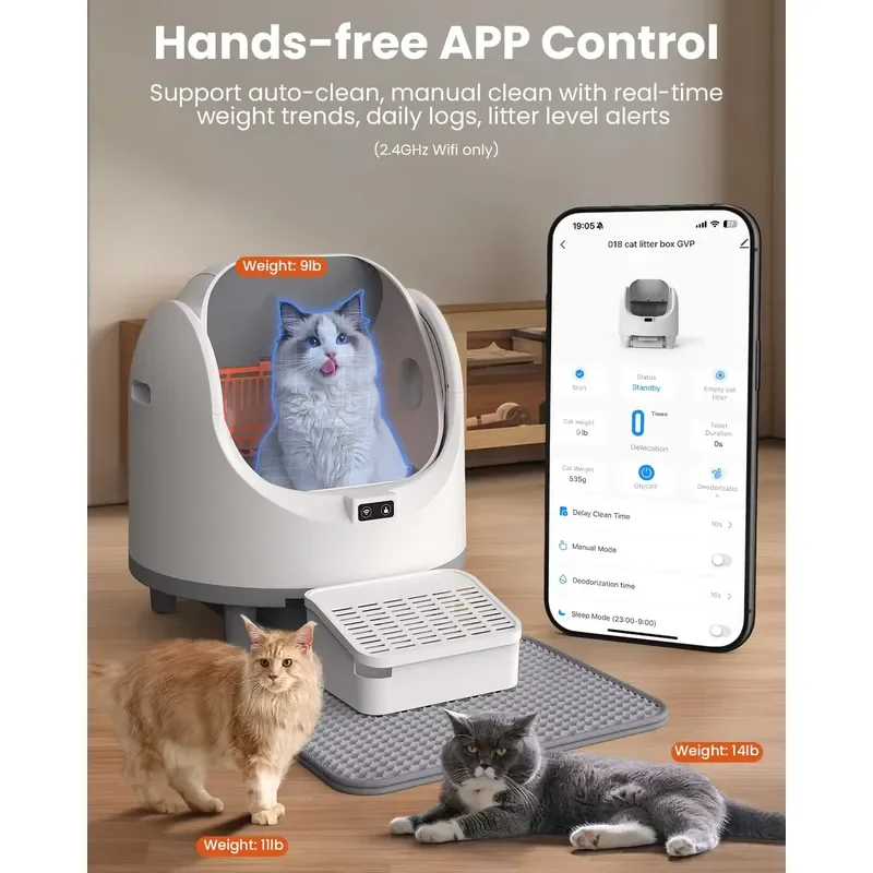 Self Cleaning Box App Control Automatic Cat Box with Dual Safety Sensors Open Top Design Includes Scent