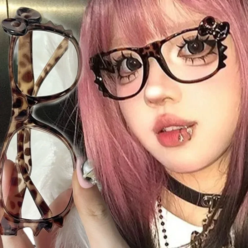 Y2K Hello Kitty Eyeglass Frame Anime Leopard Print Eyeglass Frame Kawaii Retro Glasses Cartoon Cute Eyewear Decorative Toys Gift