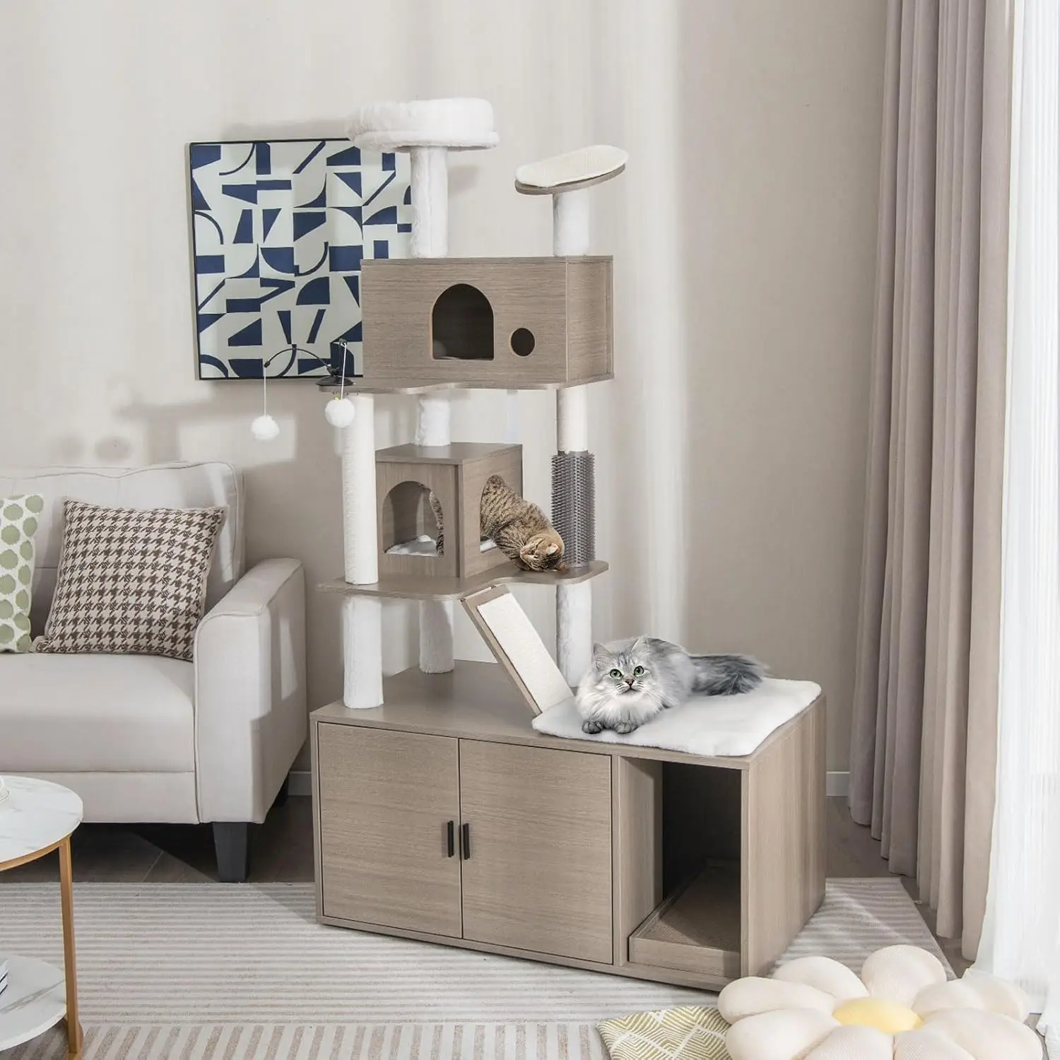 

Tangkula Cat Tree with Litter Box Enclosure, Cat Tower with Litter Box, 2 Condos, Scratching Posts, Sisal Scratching Mats,