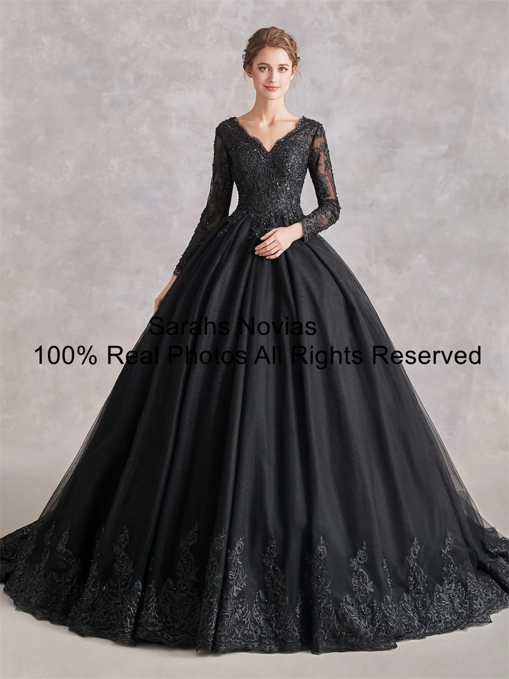 Eelegant vestido de baile preto gótico vestidos de casamento com mangas compridas miçangas rendas tule decote em v vestido colorido feminino para casamento