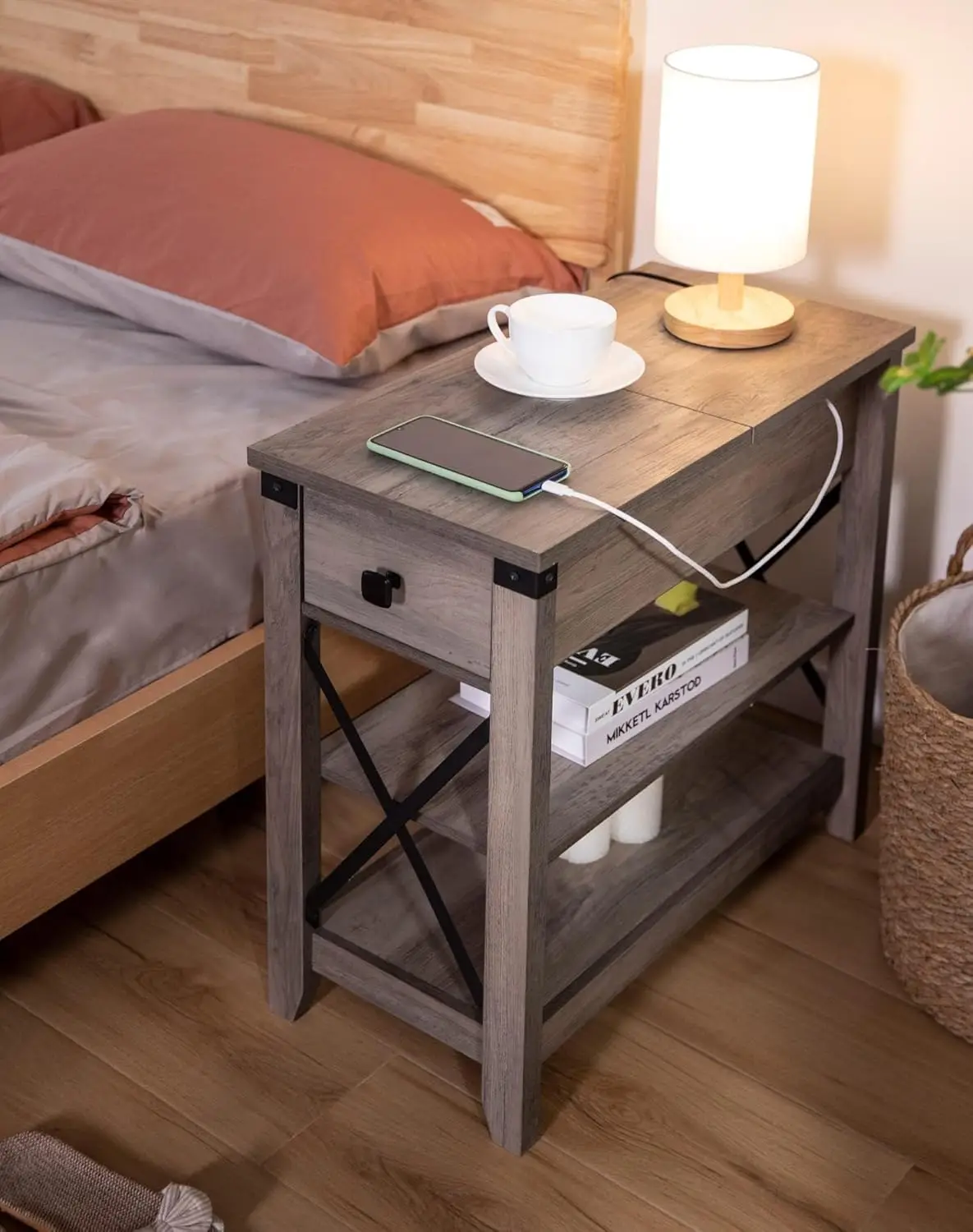 End Table with Charging Station - Farmhouse Slim Side Table Set of 2, w/USB Ports Power Outlets, Nightstand w/Flip Top St