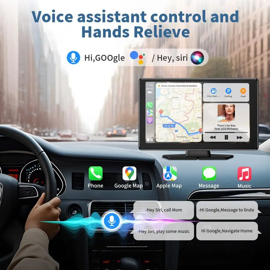 شاشة carplay لاسلكية محمولة مقاس 9 بوصة للسيارة وشاشة لمس أندرويد أوتوماتيكية عالية الدقة مع كاميرا احتياطية 1080P وصلة مرآة للملاحة V