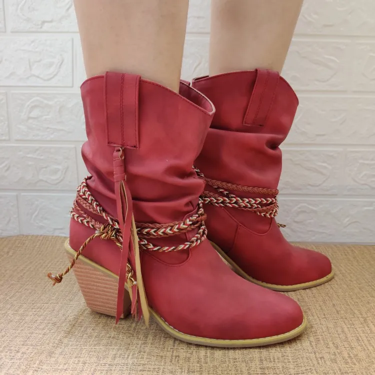 

Retro Tassel Western Boots Chunky Heels Ankle Boots Nation Pigtail Women's Boots