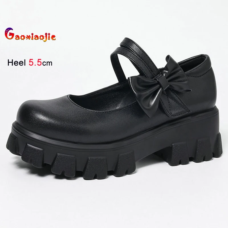 

Сексуальные женские туфли на толстом каблуке 5,5 см с платформой, черные, весна-осень, с пряжкой на щиколотке, милым бантом, круглым носком, для вечеринок, CD