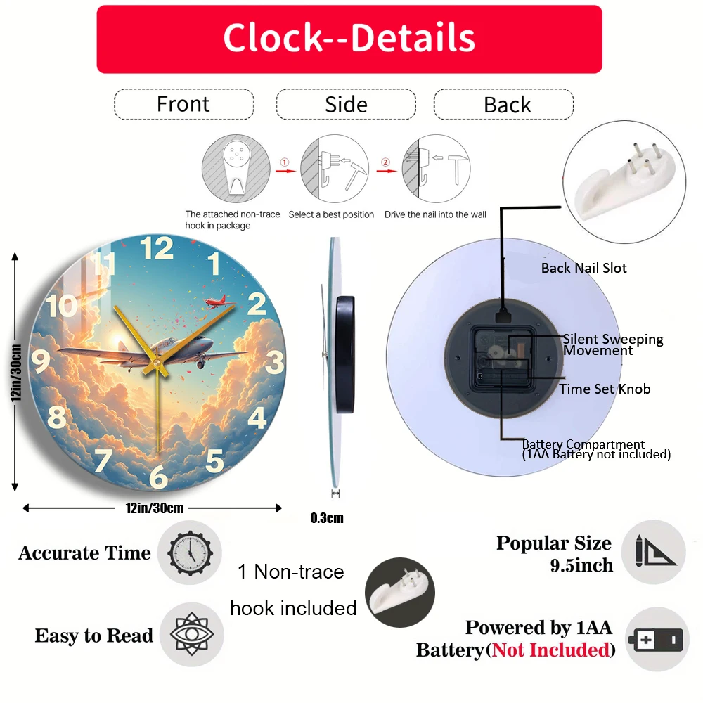 Relógio de parede de vidro temperado avião nuvens sol confete relógio adequado para decoração de parede ou exibição de mesa em qualquer lugar