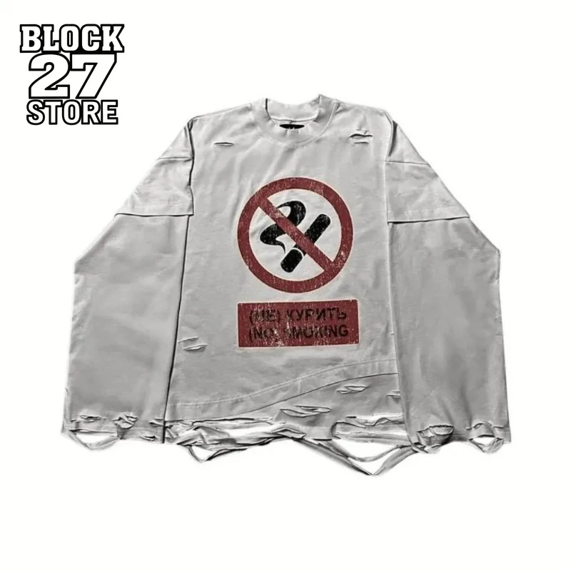 Mens Long Sleeve T Shirt No Smoking Graphic Print Tee Harajuku Unisex Loose Fit Crew Neck Streetwear Casual Fashion Trend New