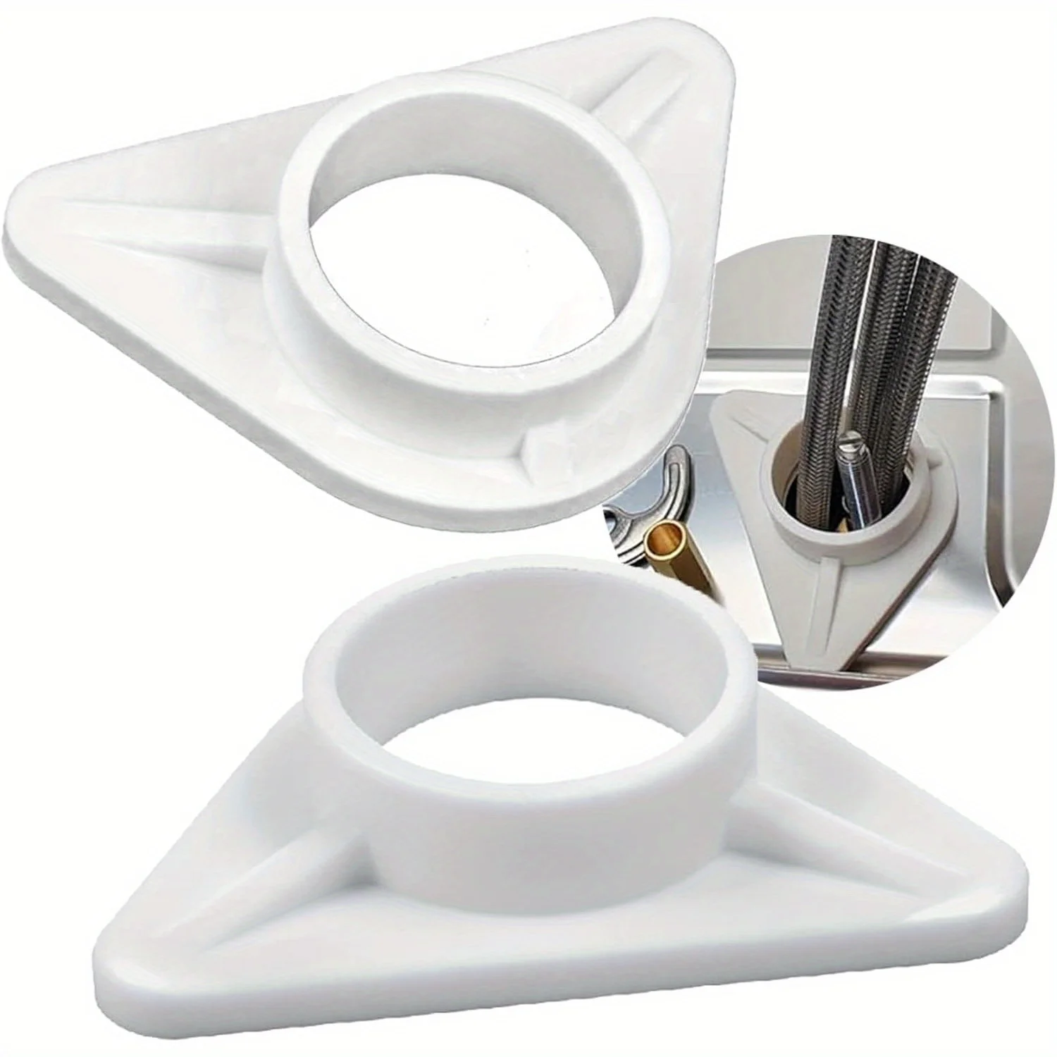 Two Stainless Steel Faucet Stabilizers With White Plastic Reinforcements Featuring A 34mm Inner Diameter Hole.