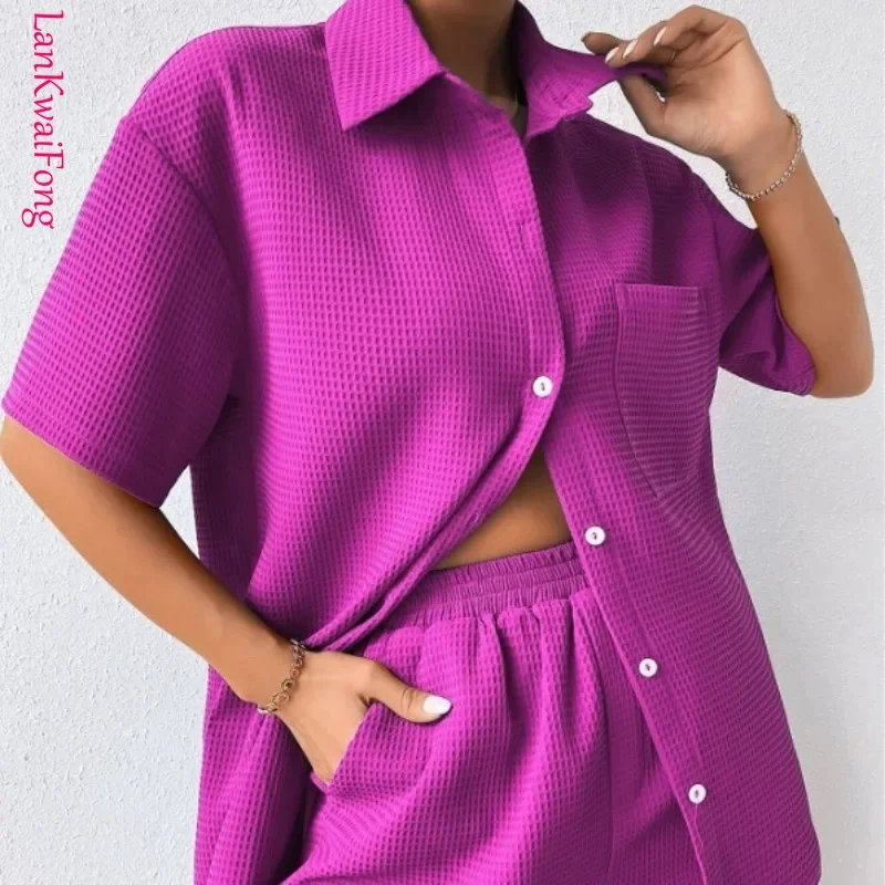 . Conjunto de ropa versátil para mujer, cárdigan de algodón de Color sólido, camisa con botones, Top, pantalones cortos sueltos, conjunto de dos piezas