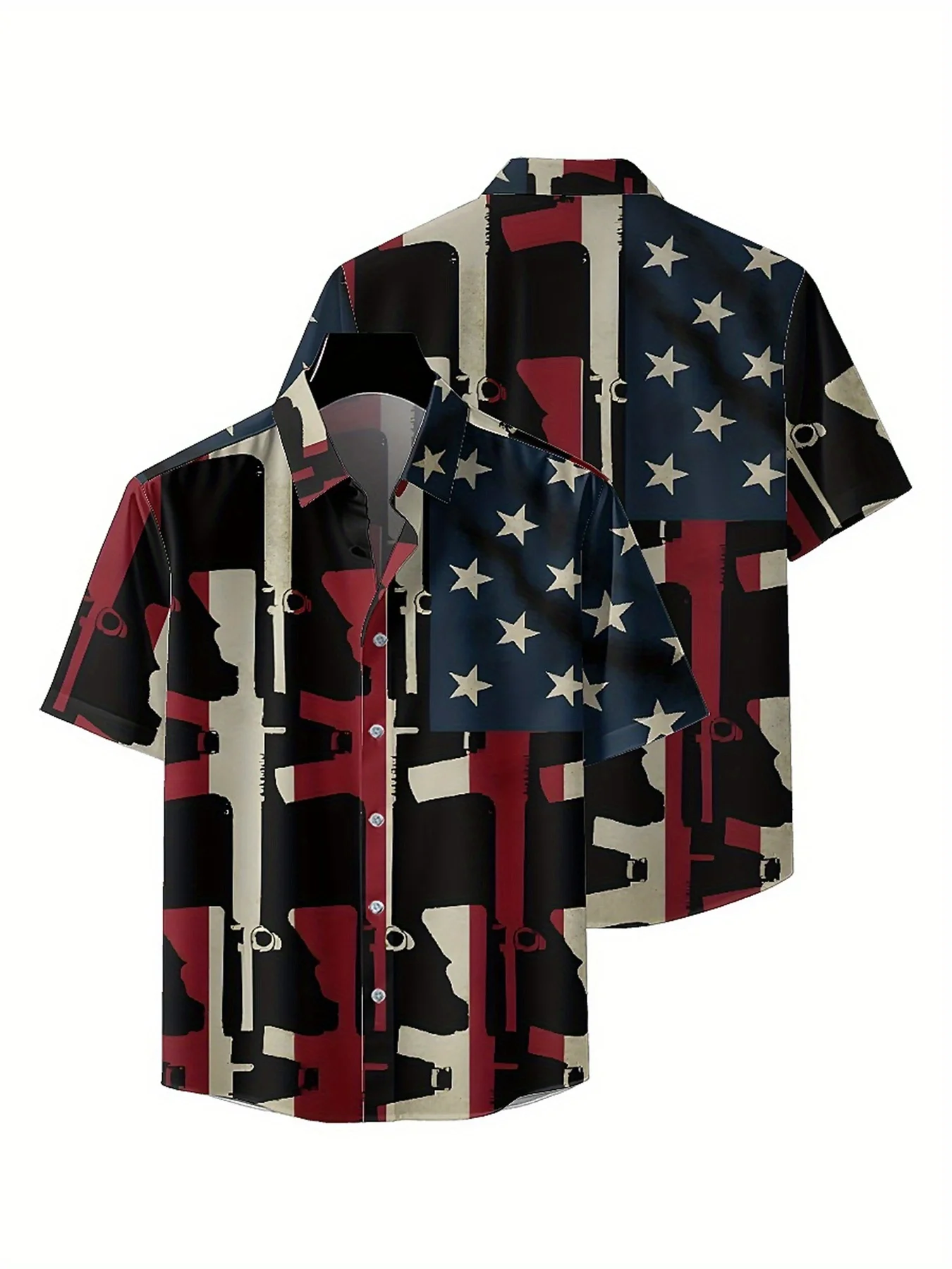 Men's Plus Size Hawaiian Shirts Classic Red, White and Blue and Guns Pattern, Summer Casual Tops, Suitable for Outdoor and Party