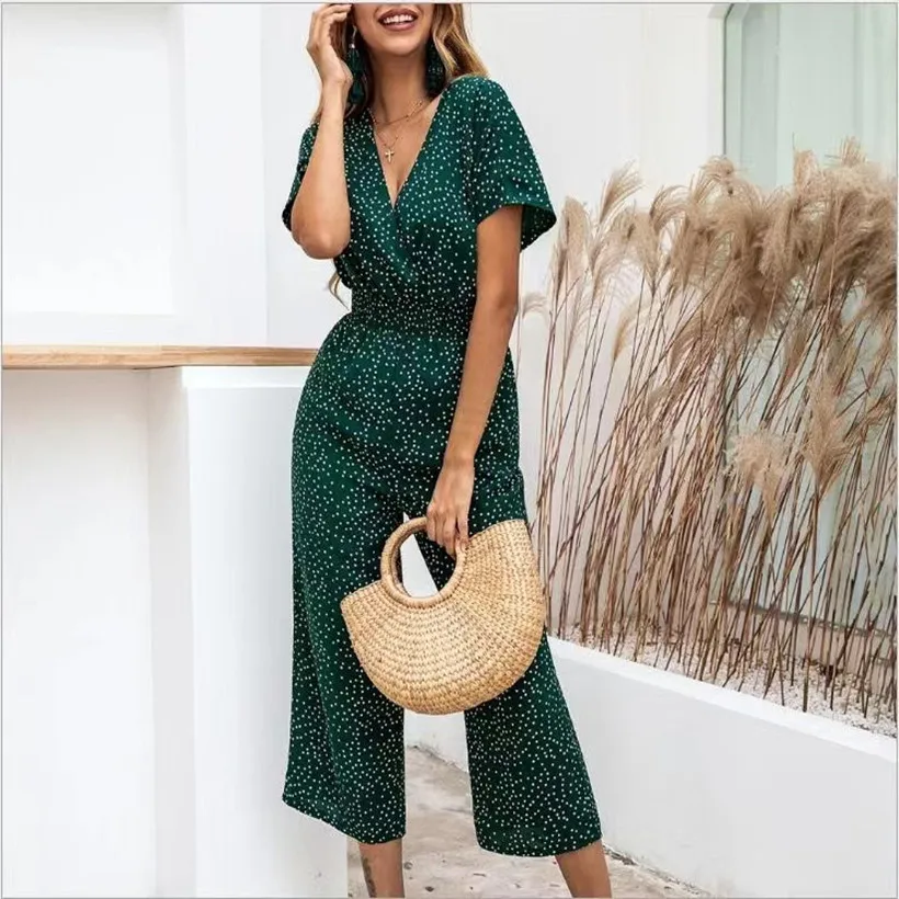 Women Jumpsuits Rompers Summer Casual Shaped Waistband V-neck Pocket Overalls  Short Sleeve Dot Printed  Wide Leg Loose