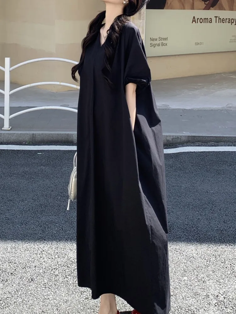 퍼프 슬리브 여름 빈티지 여성 드레스 새로운 높은 허리 솔리드 v 넥 캐주얼 루즈 a 라인 드레스 여성 vestidos