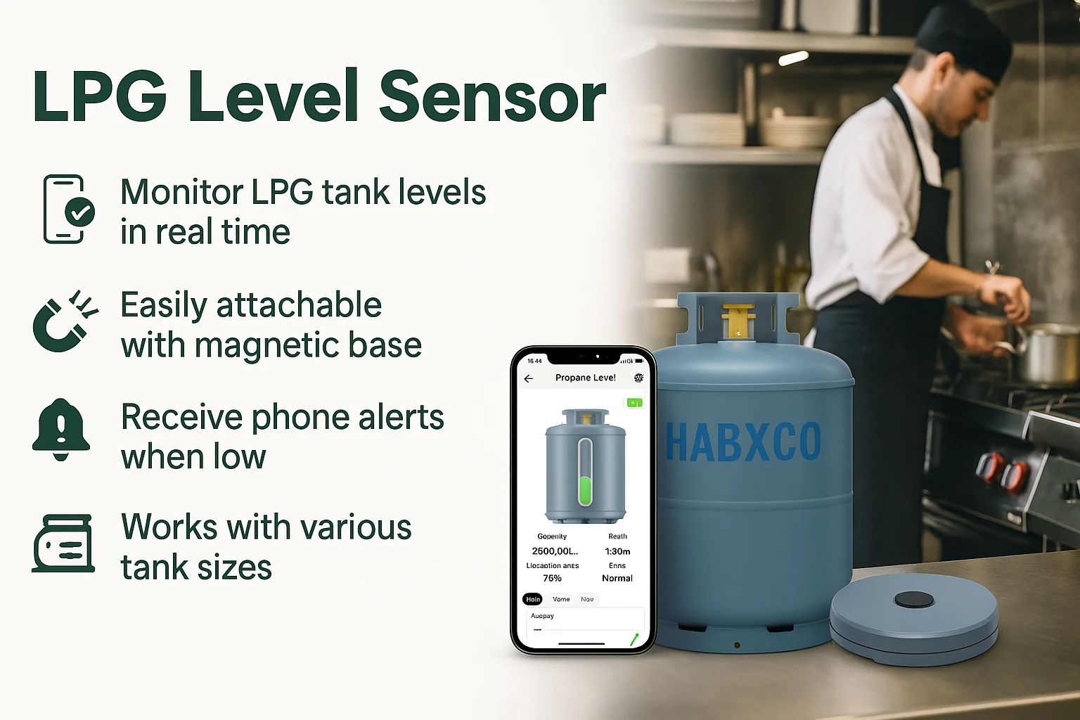 Wireless Smart LPG Tank Level Sensor, Magnetic Base, BT & WiFi Connection, Real‑Time Cylinder Monitoring, IoT Application