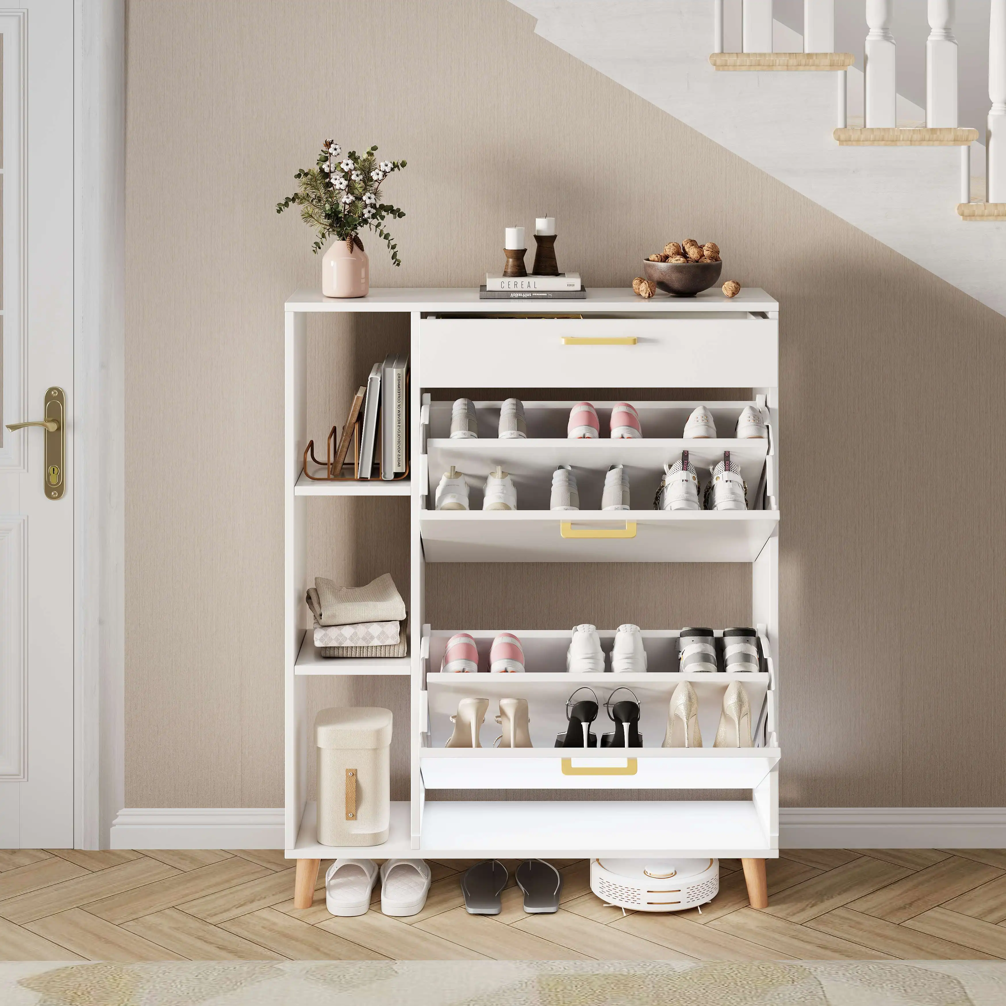 Nuovo mobile porta scarpe in legno 2026 con 2 ante e 1 cassetto, sistema di stoccaggio scarpe a scomparsa, armadio porta scarpe, scaffale porta scarpe per ingresso, corridoio, soggiorno, bianco