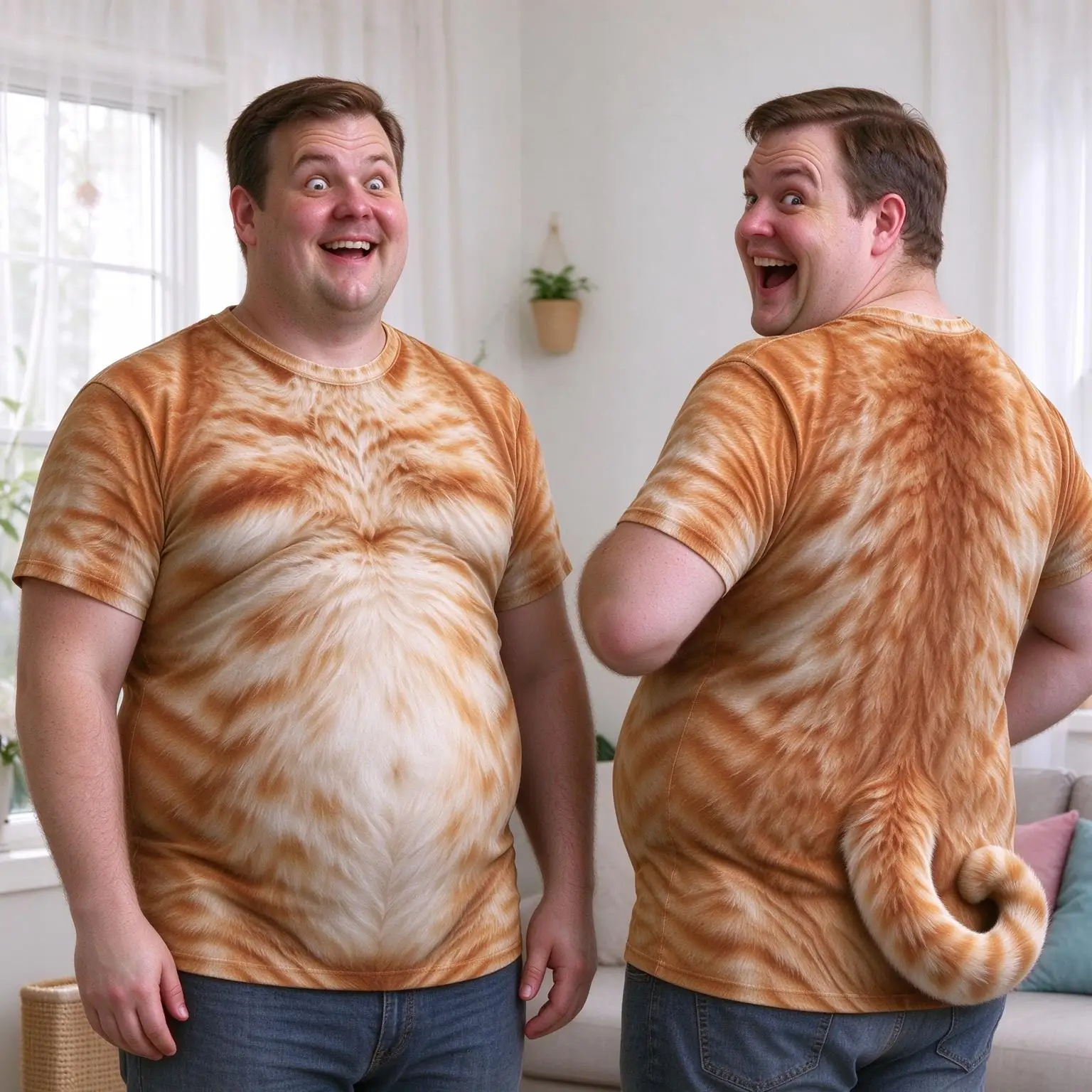 Funny Orange Cat Fake Fur Belly T Shirt Men 3D Print Animal Pattern Crew Neck Tee Summer Casual Novelty Short Sleeve Street Top