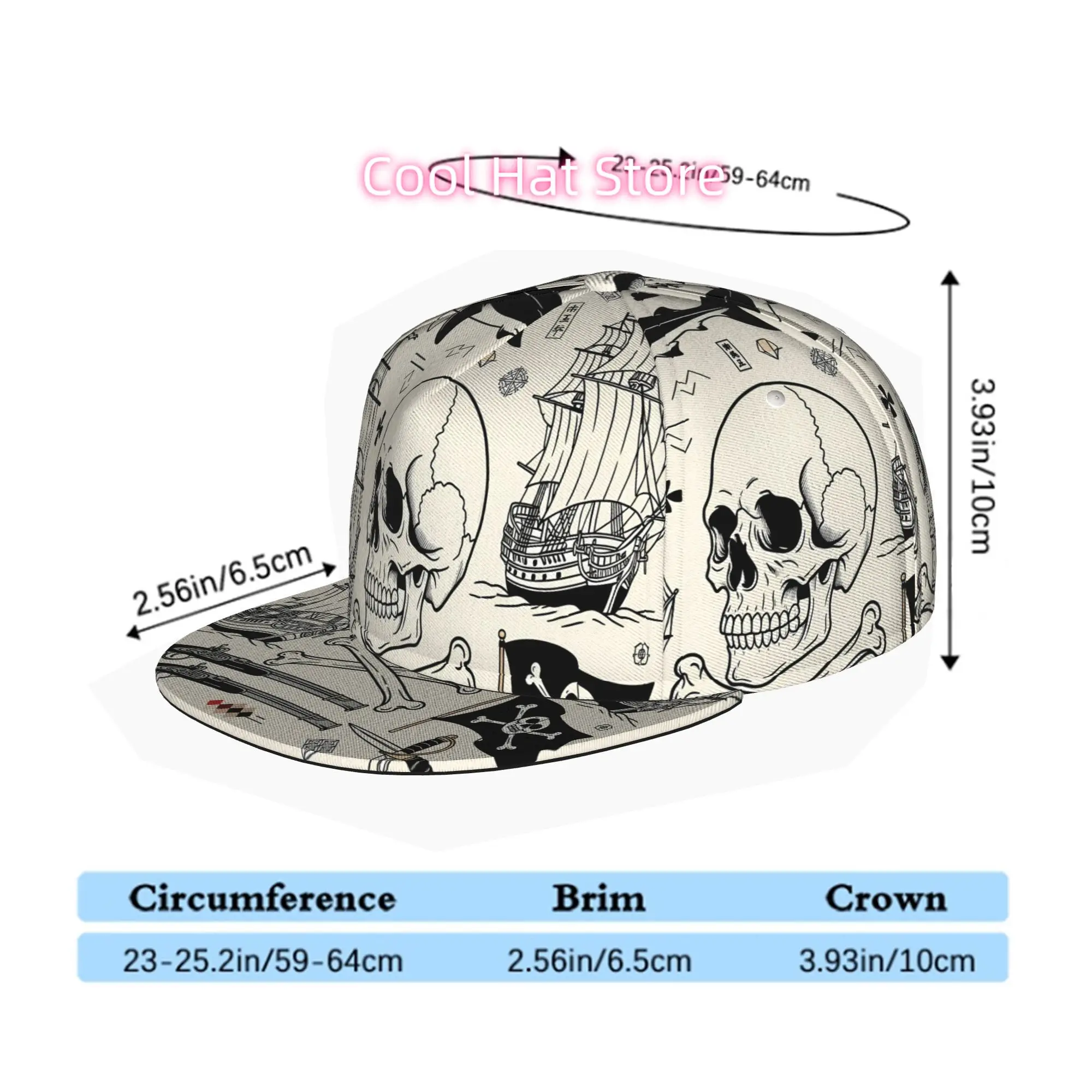 Men & Women' Adjustable Snapback Trucker Hat - Soft Flat Brim Baseball Cap with Positionable Retro pirate skull nautical pattern