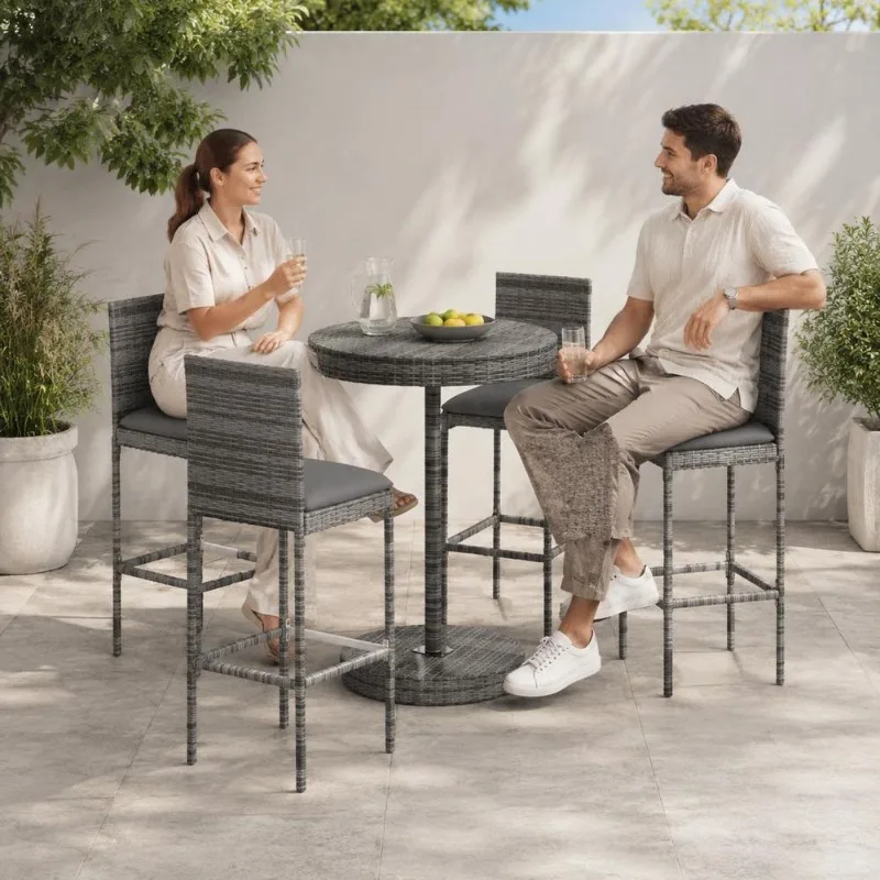 Ensemble de bar de jardin 5 pièces, structure en acier thermolaqué, résine tressée avec coussin en polyester, repose-pieds, table ronde stable pour terrasse, balcon, jardin, espace extérieur, design élégant