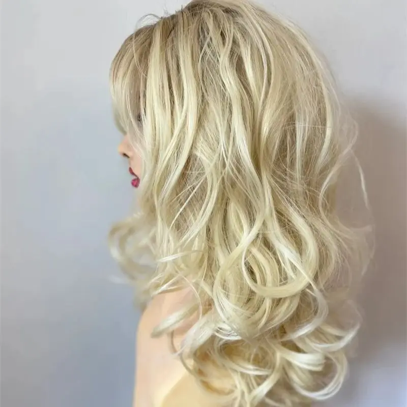 Fashion Wig Light Golden Blonde Heat Safe Lace Front Synthetic Wig With Bangs Realistic Hairline Wig For Women High Density 16''