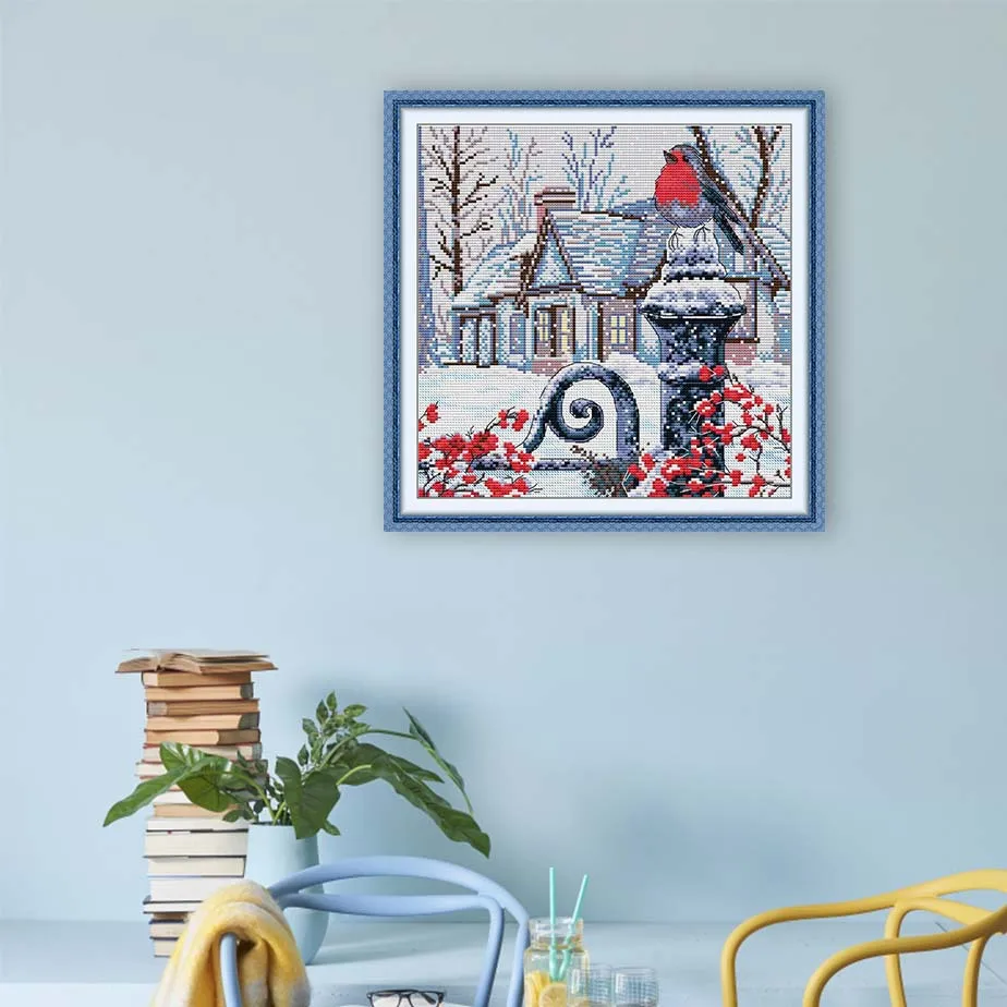 

Soulgift News Pre-Printed Cross Stitch Kit, Stamped Aida Fabric With DMC Threads, Embroidery Kit - Winter Snowbird