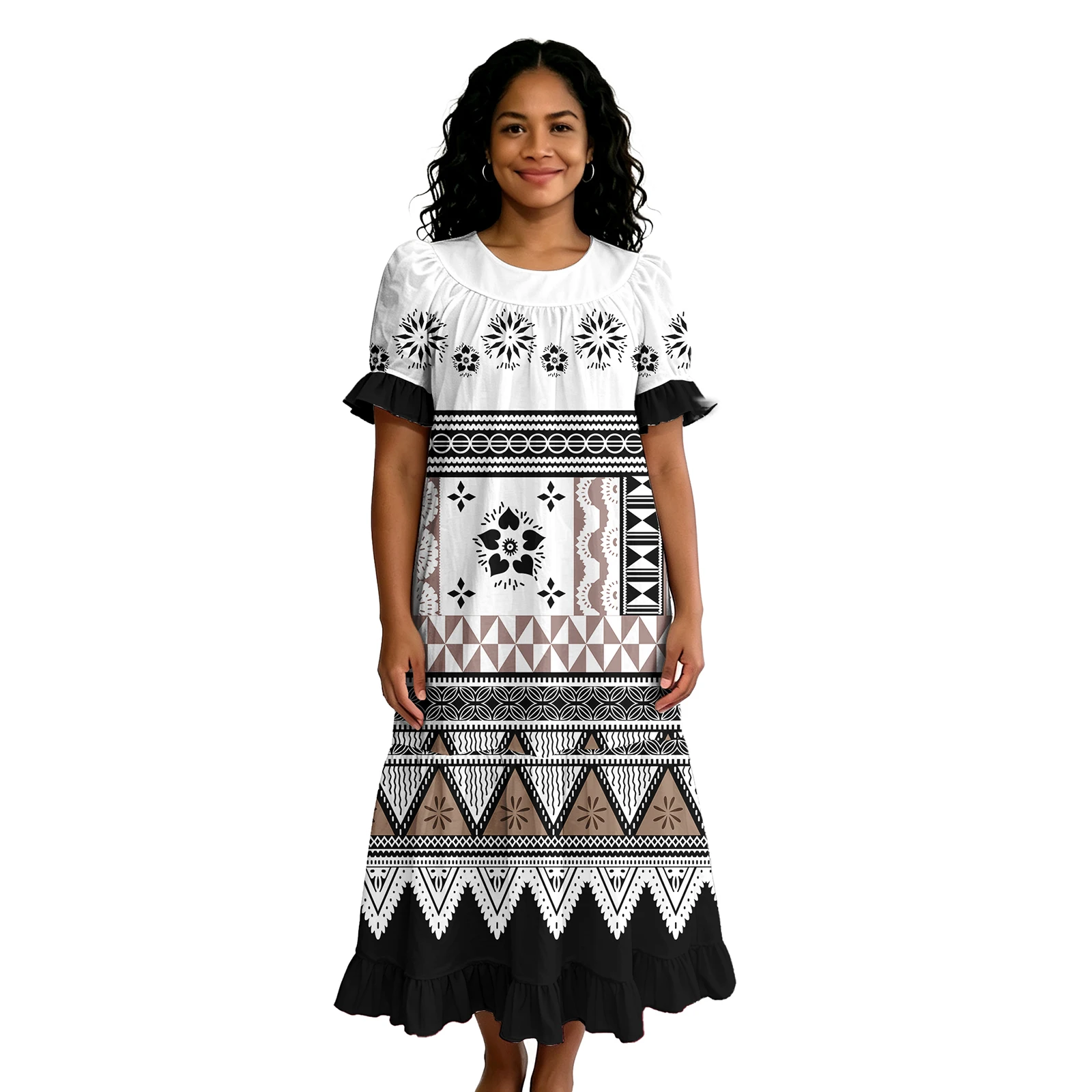 Tropical Pattern Trendy Classic Plus Size Ruffles Sleeve Polynesian Ladies Tribal Design Island Dress Pacific Women Samoan Dress