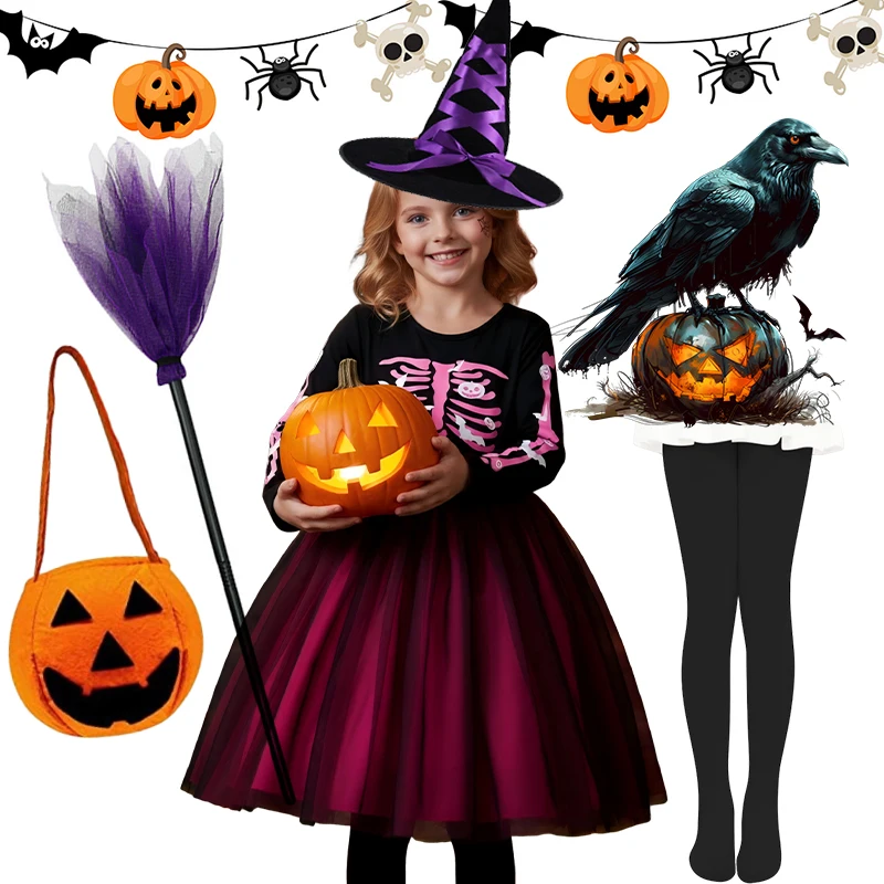 Girls Halloween Witch Dress Rainbow‑Skeleton‑Print Long‑Sleeve Mesh Costume Toddler Outfit for Witch‑Party Cosplay Theme Party
