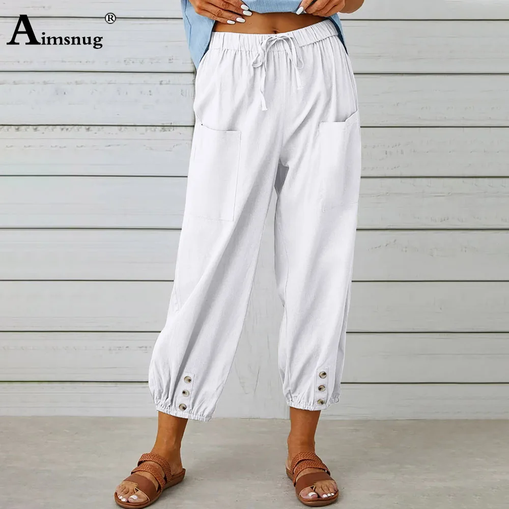 

Women Stand Pocket Bloomers 2024 European Casual Linen Trouser Solid White Gray Elastic Waist Pantalon Womens Ankle-Length Pants