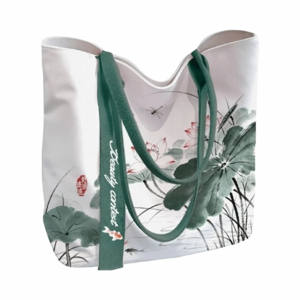 Durable Chinese Ink Wash Print Canvas Bag Large Capacity Reusable Shoulder Bag Lightweight Tote Bag Daily
