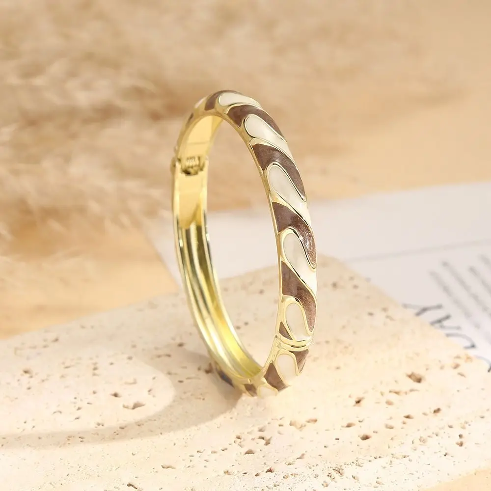 Colorful Enameled Enamel Bangle Bracelet Gold Color Plated Openable Cloisonne Bracelet Hinge Spring Striped Pattern