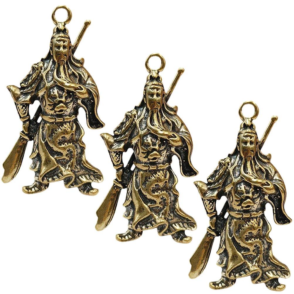 3 Pcs Guan Gong Pendant Key Fob Creative Keychain Decorative Figure Statue Metal Portable Copper Jewelry DIY