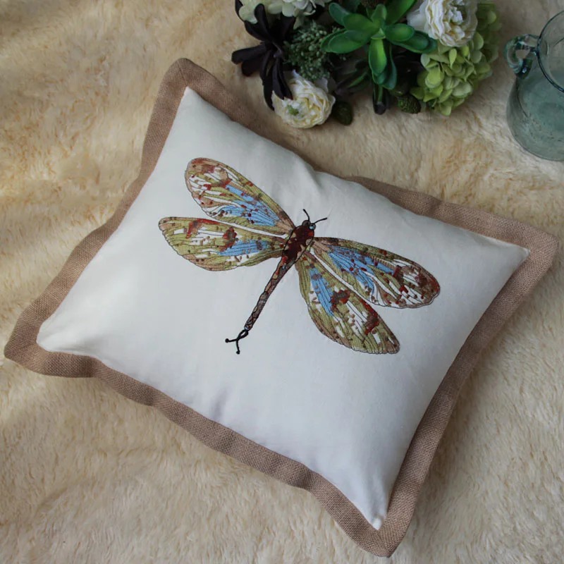 Embroidery Green Leaf Tree flower dragonfly Cotton Linen Pillowcase Sofa Decorative Pillows Home Decor Pillow Cover Natural