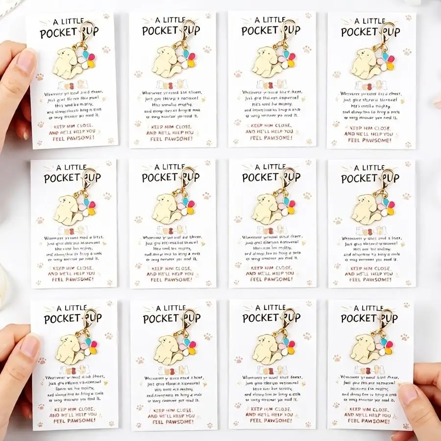 1/5/10/20/50/100pcs pack of 12 puppy-themed keychain charms in a healing style, featuring a cute Golden Retriever with colorful