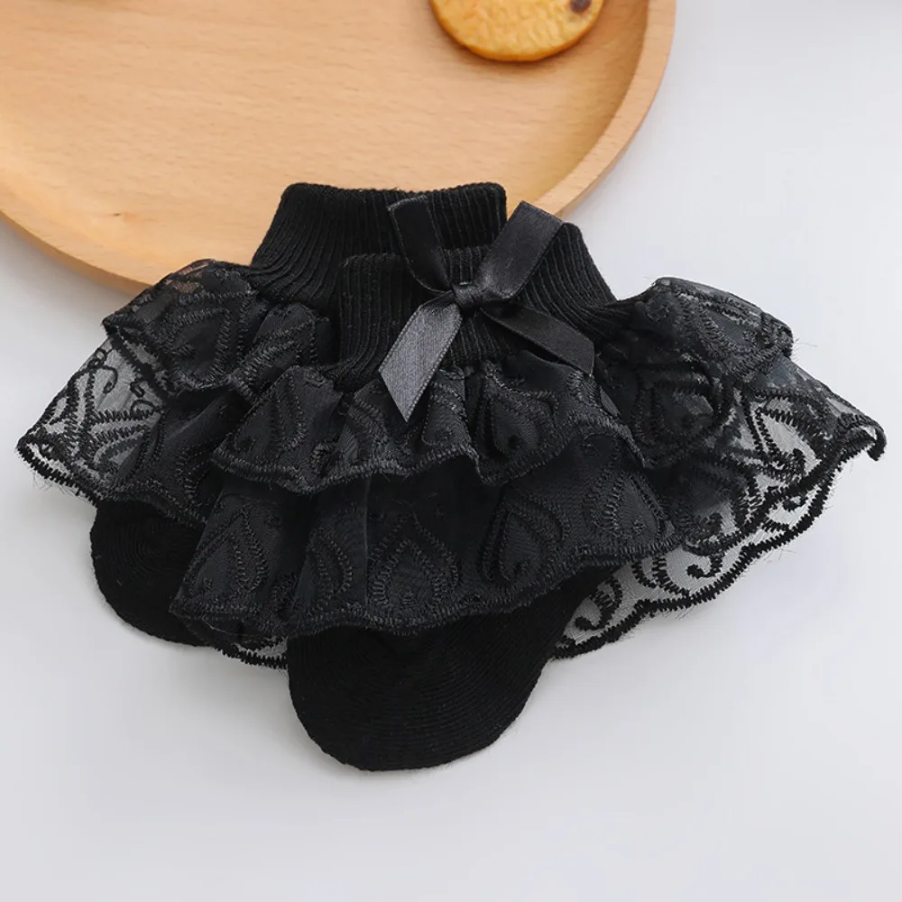 Double-Layer Baby Girls Lace Socks Soft Elastic Fit Toddler Ruffle Ankle Socks Breathable Thin Princess Bow Dress Socks
