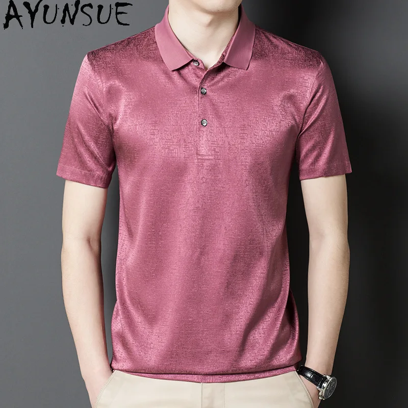 AYUNSUE 92% Real Mulberry Silk T Shirt for Man Clothes Summer Short Sleeve Top Business Casual Polo Tee Shirt poloshirts heren