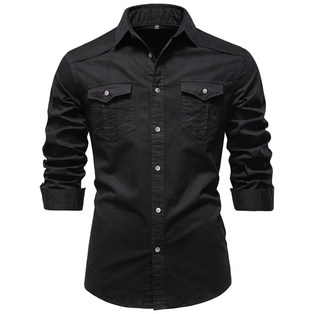 Men's New Denim Shirt Casual Solid Color Long Sleeved Shirt