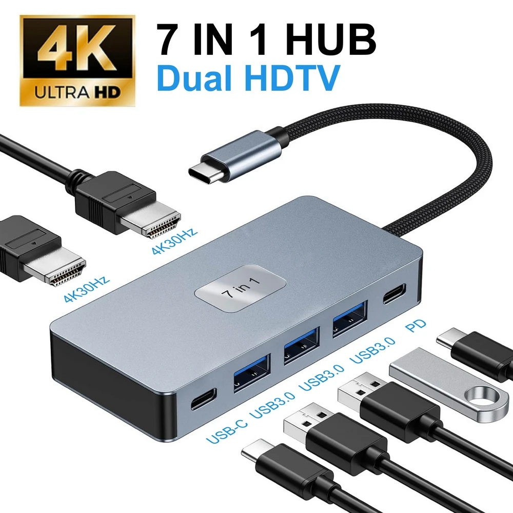

Док-станция USB C-концентратор 7 в 1, двойной адаптер 4K HDTV, 3 USB3.0 5 Гбит/с, порт передачи данных USB C, зарядное устройство PD 100 Вт для MacBook Dell HP