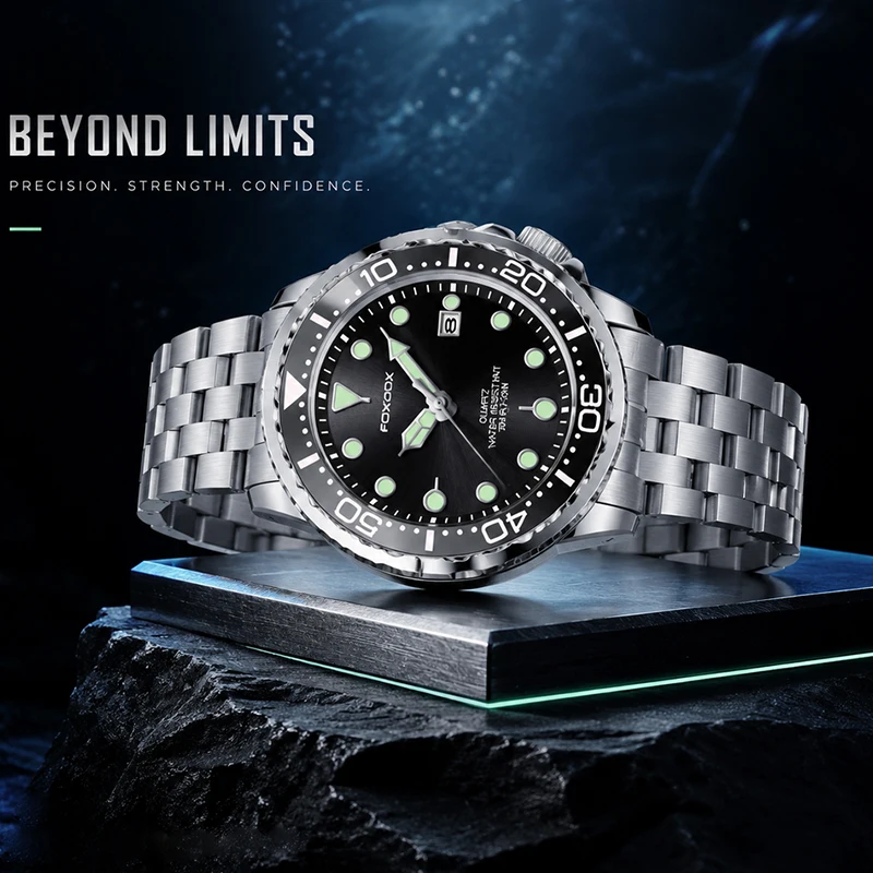 FOXBOXE Quartz Man Watch Casual Sport Waterproof Luminous Clock Stainless Steel Bezel Watches Male Auto Date Wristwatch with Box