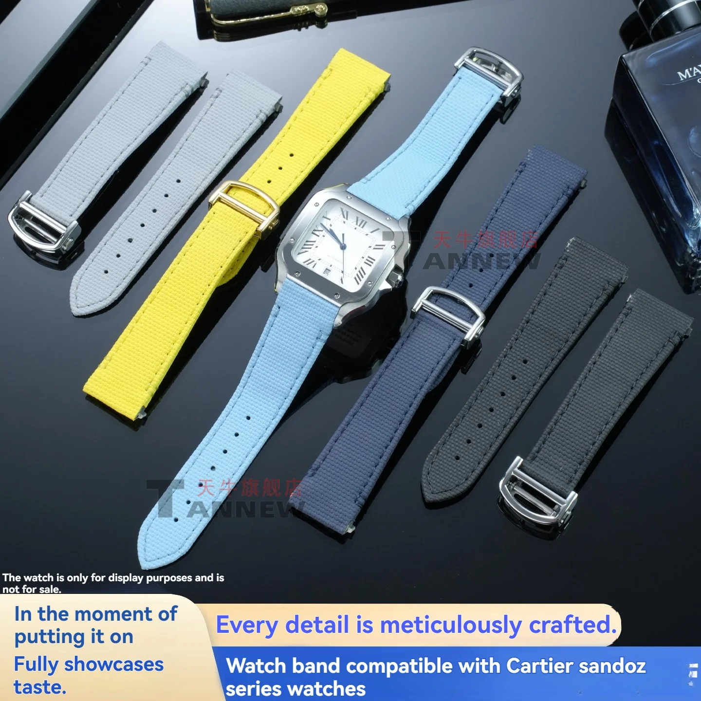 Quick Release Fluoroelastomer & Leather Strap for Cartier Santos WSSA0010 WSSA0009,21mm Hybrid Replacement Watch Band