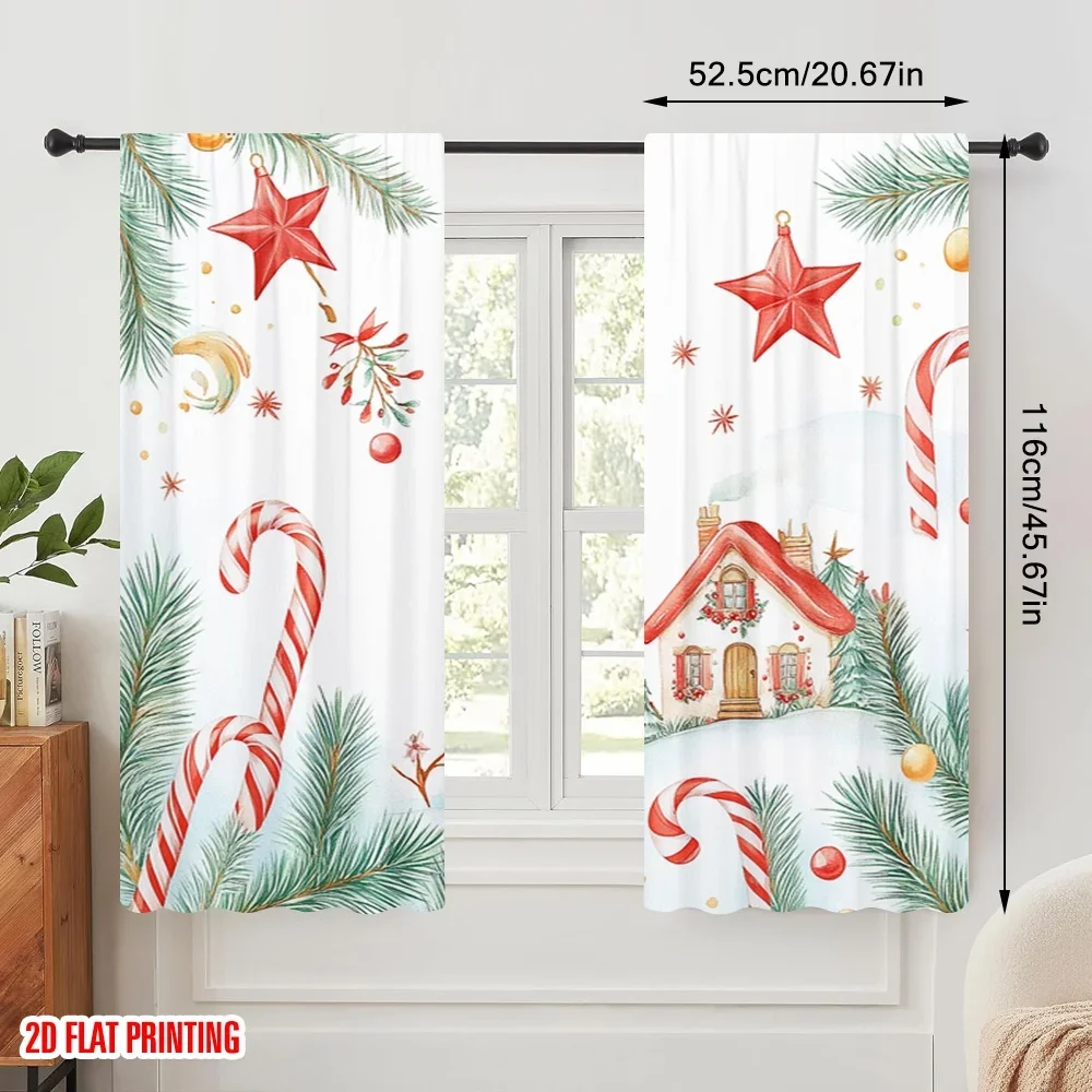 2pcs,2D plane printing Creative Curtains Cute Winter Christmas House Scene (2) Polyester Easy Install (without rod) Holiday Use