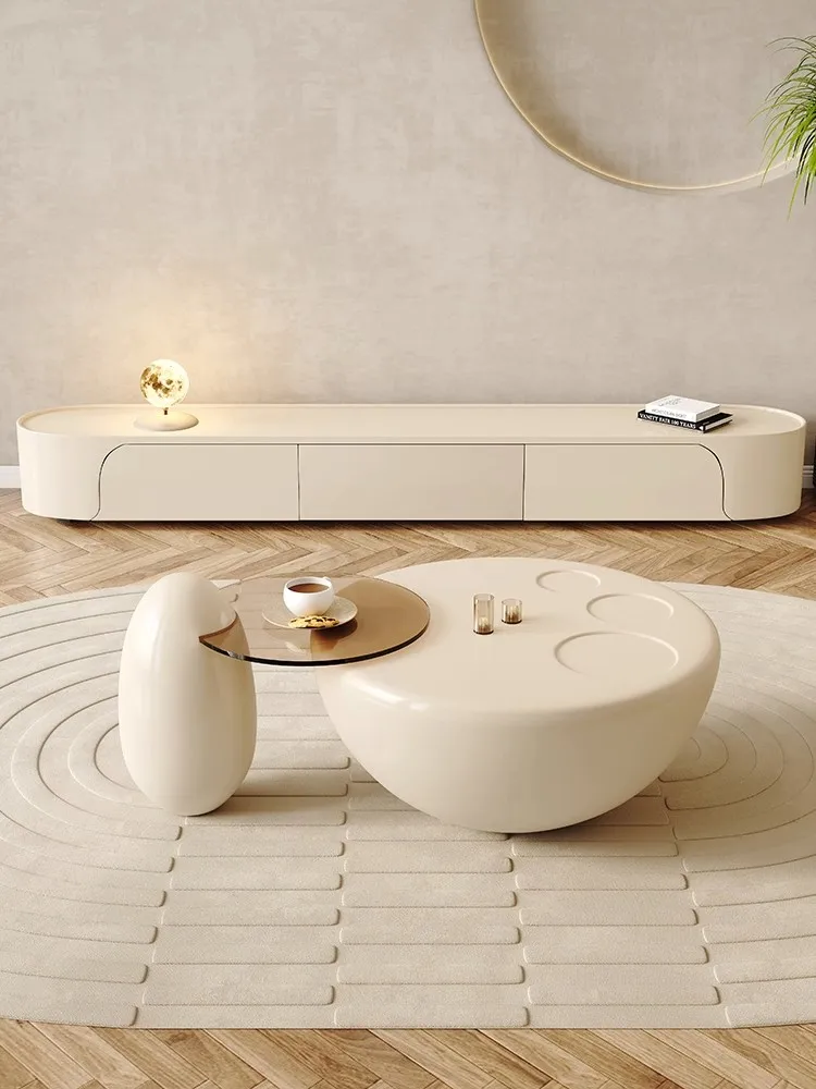 Cream White Round 2023 New Cat Claw Creative Design Living Room Household Apartment Minimalist Furniture Glass Coffee Table