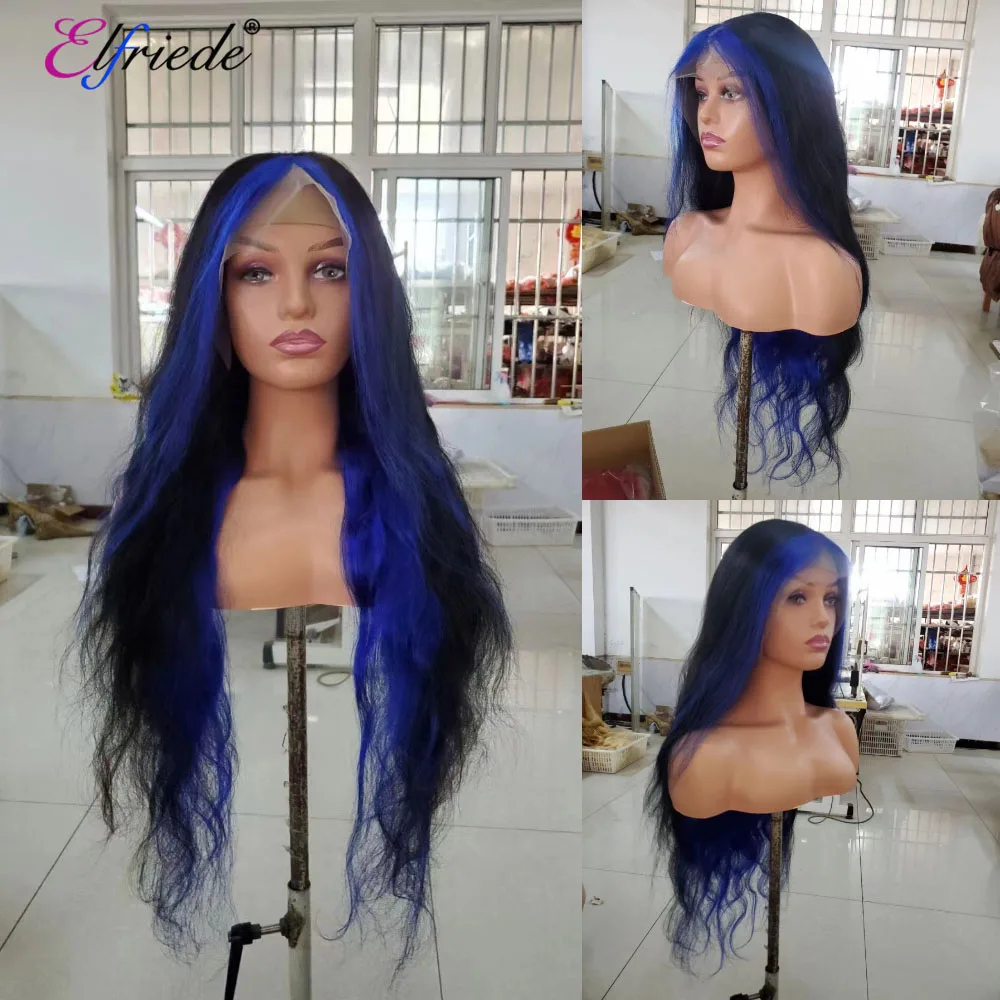 Elfriede Body Wave Black Blue Skunk Stripe Hair Wigs for Women 4x4 Lace Wig 13X4 13X6 HD Lace Frontal Wig 100% Human Hair Wigs