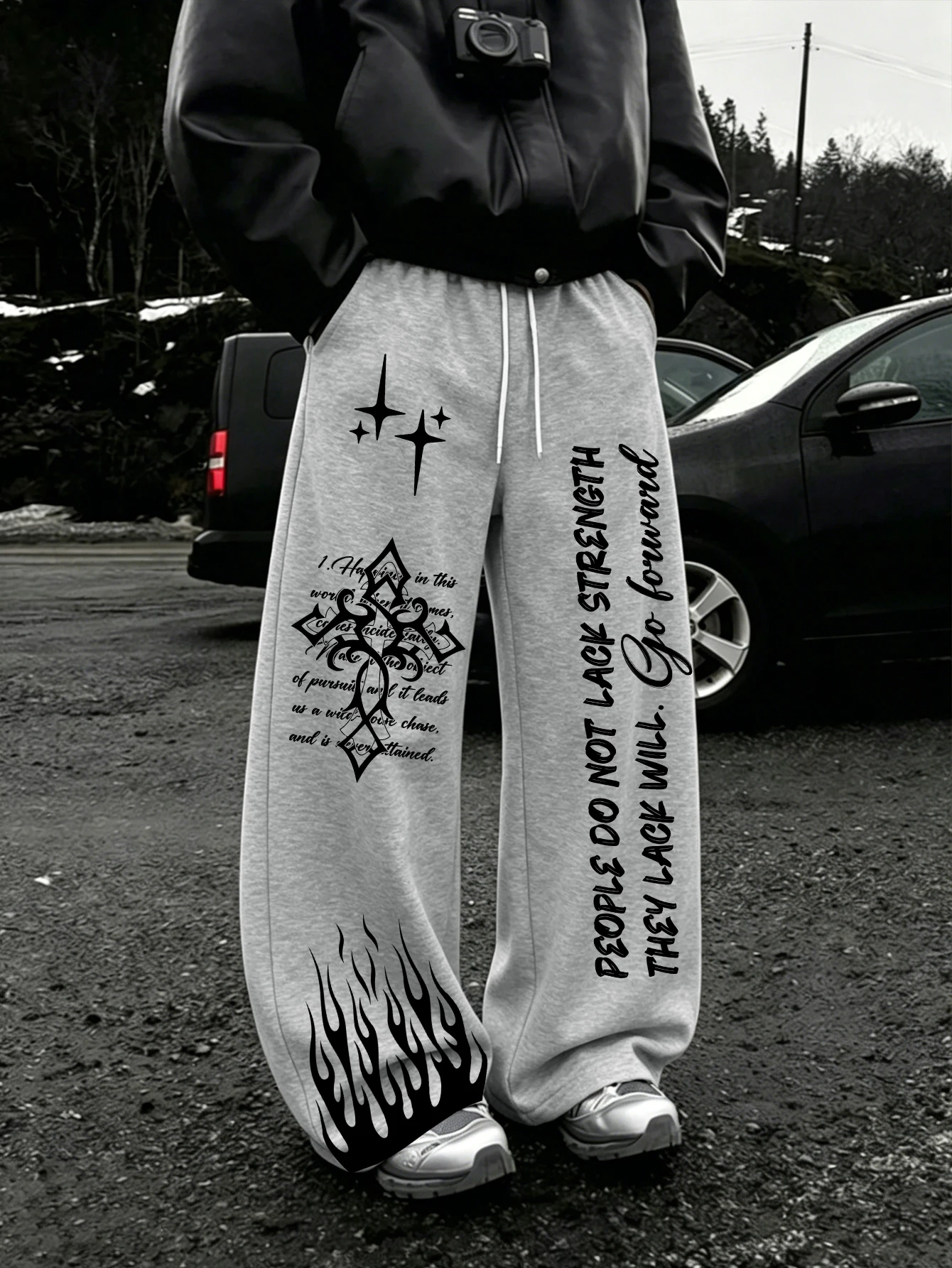 Men Wide Leg Jogger Pants, Star Gothic Cross Flame & Vertical Slogan Asymmetrical Dual‑Leg PrintDrawstringBaggyY2KDarkStreetwear