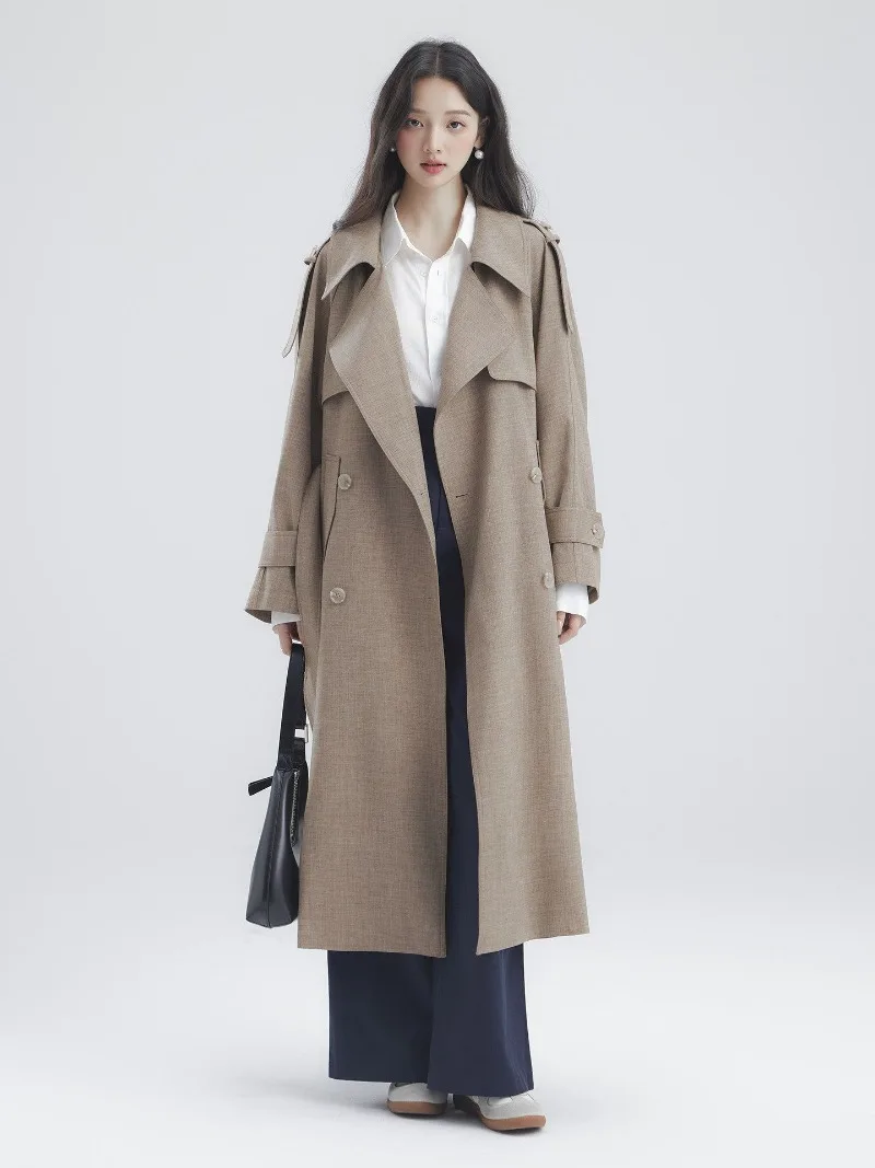Women's Windbreaker Jacket 2026 New Model Korean Style Temperament Wide Lapel Double-breasted Texture Lazy Drape Long Coat Trend