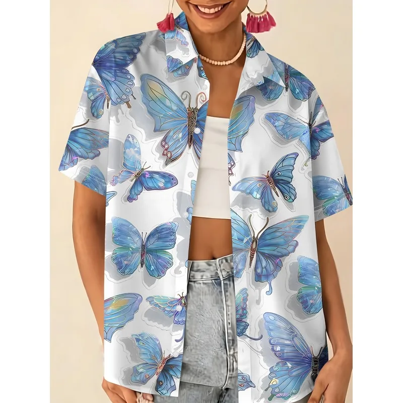 Valentine's Day Gift for Women Blue Butterfly Print Collared Button Short-Sleeve Shirt Versatile Elegant Full-Body Pattern Daily