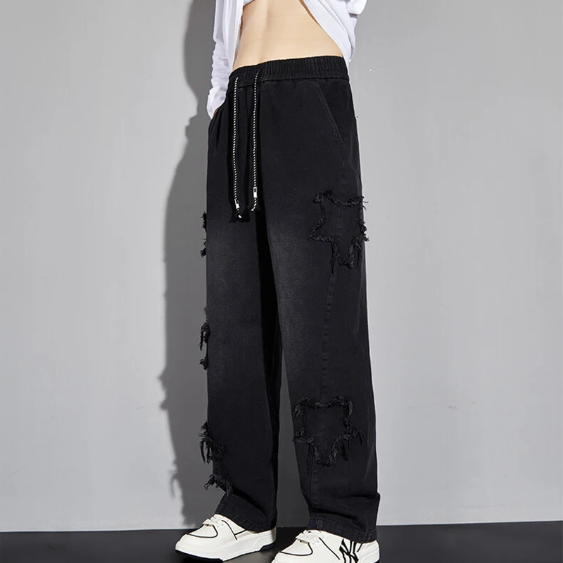 Celana Denim Katun Pria Pakaian Jalanan Hip Hop 2025 Jeans Lurus Kasual Remaja Musim Semi Musim Gugur Celana Panjang Pinggang Serut Longgar Koboi