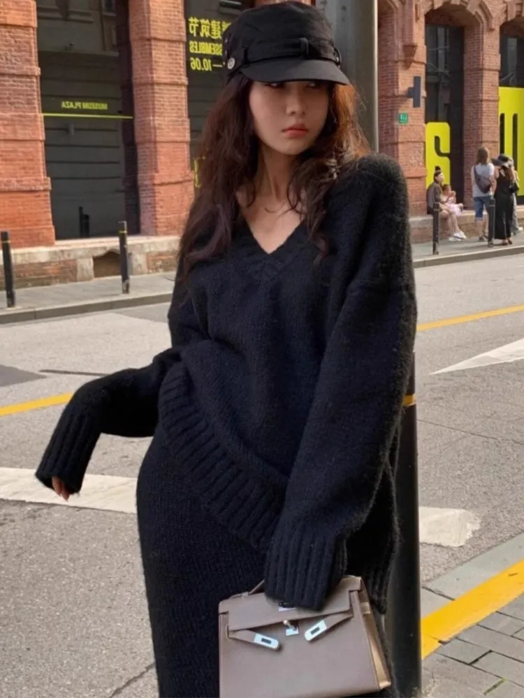 Elegant Solid Sweater Skirts Suits for Women Autumn Winter Fashion V-Neck Pullover Knitted Top Loose Skirt Casual Two Pieces Set