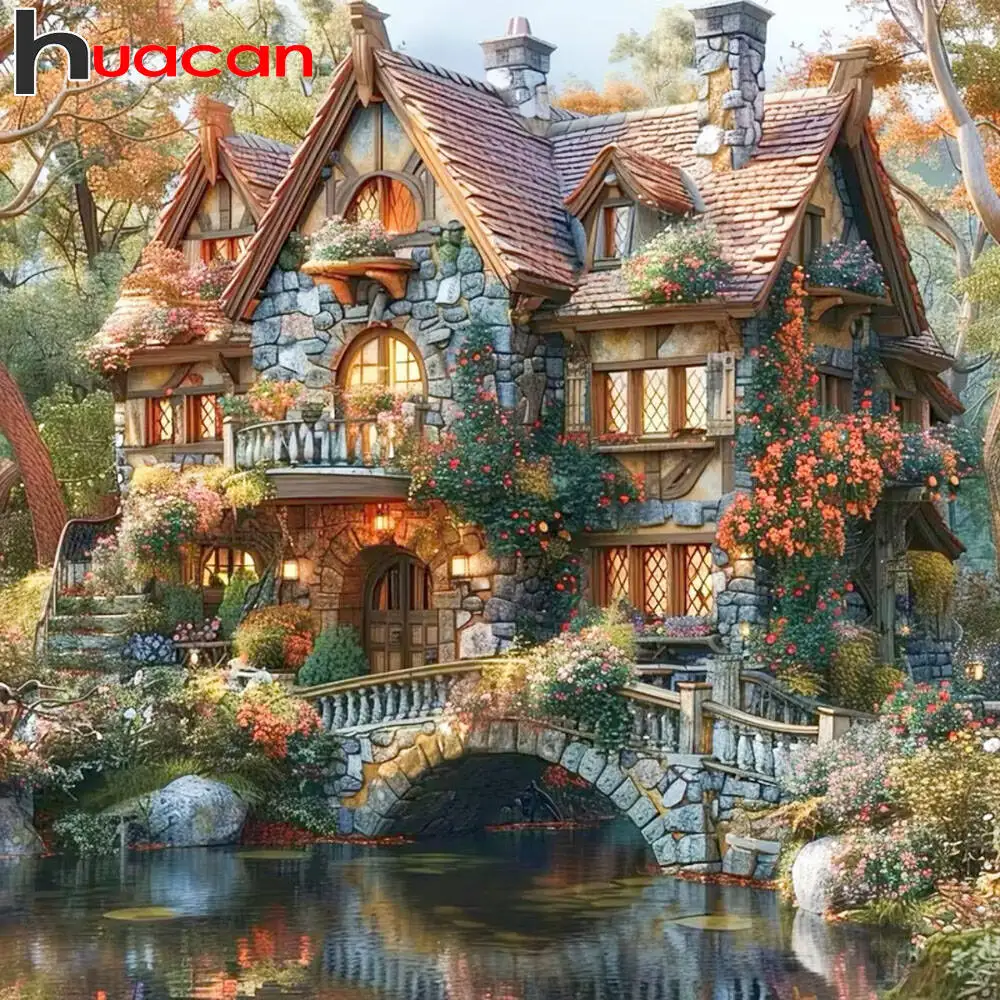 Huacan 5D DIY Diamond Embroidery House Picture Rhinestones Mosaic Art Bridge Landscape New 2025 Diamond Painting Wall Art