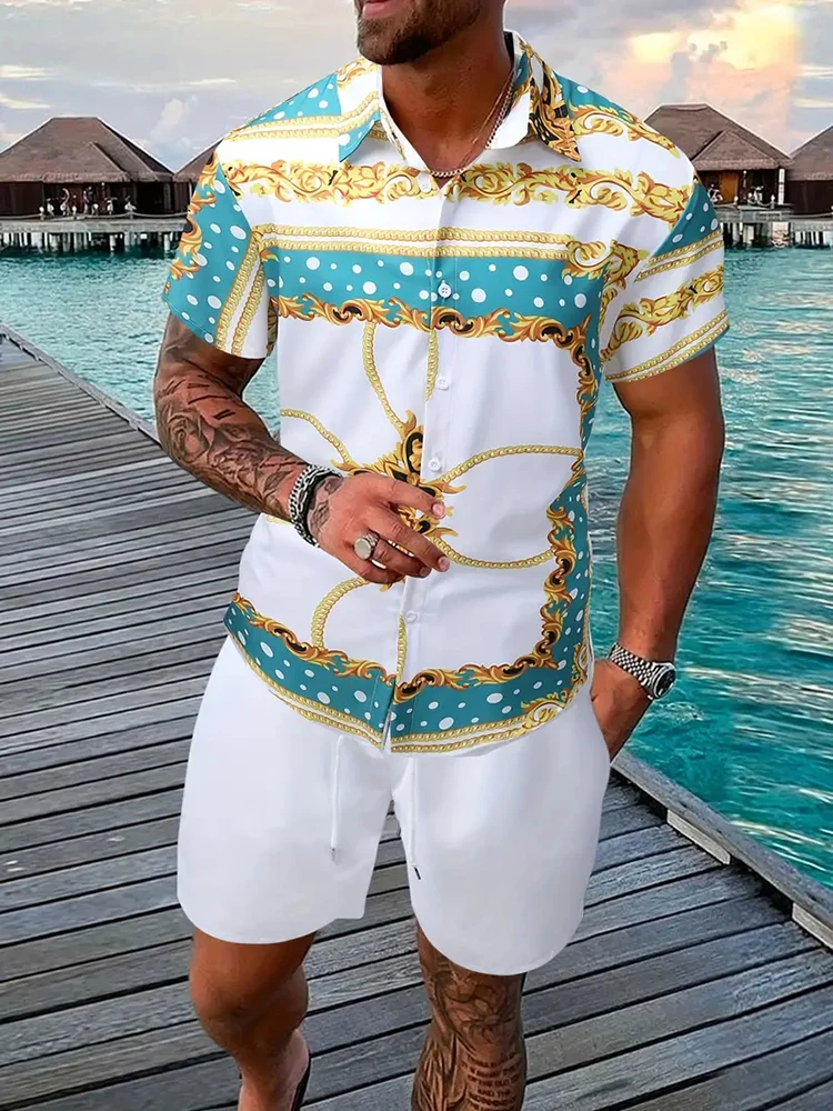 Summer Men\'s Casual Shirt And Beach Shorts Hawaiian Fashion Short-sleeved Shirt Beach Party Drawstring Shorts Baroque Print