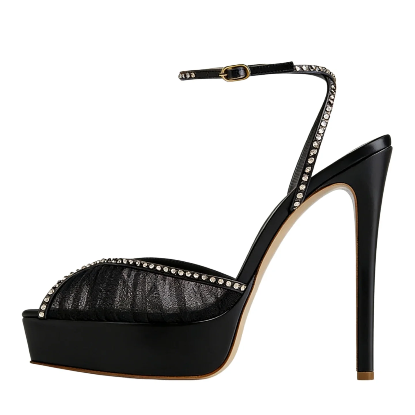 

Women's Black Lace Mesh Platform Heels Shoes Rhinestone Ankle Strap Peep Toe Stilettos Heeled Bridal Sandals