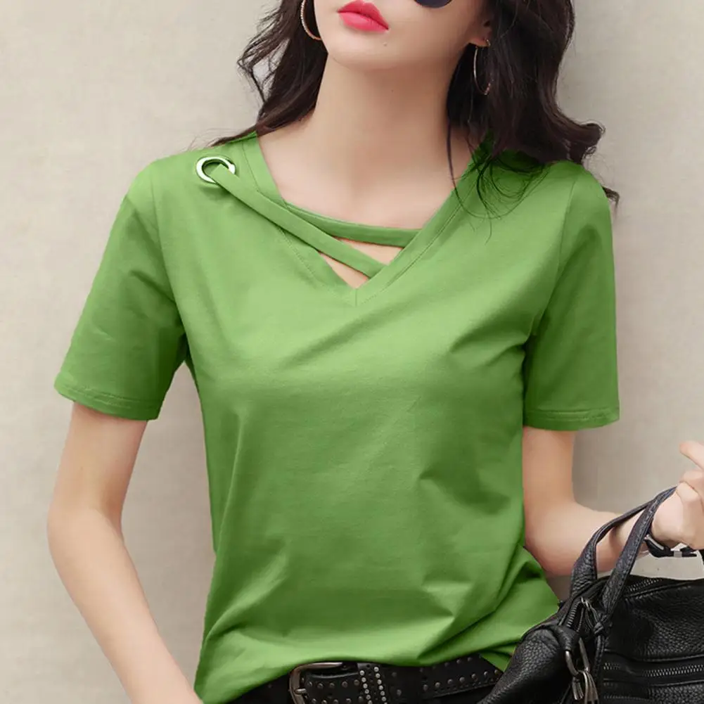 

Avocado Green Women Shirt Solid Color Short Sleeve V Neck Hollow Out Women Blouse Office Lady Leisure Women Summer T-shirt