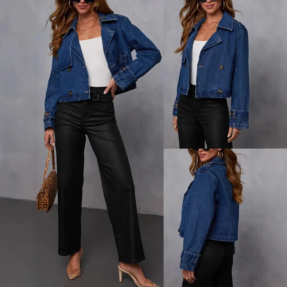 

Уличная женская джинсовая куртка 2026, осень-зима, короткая двубортная куртка в западном стиле