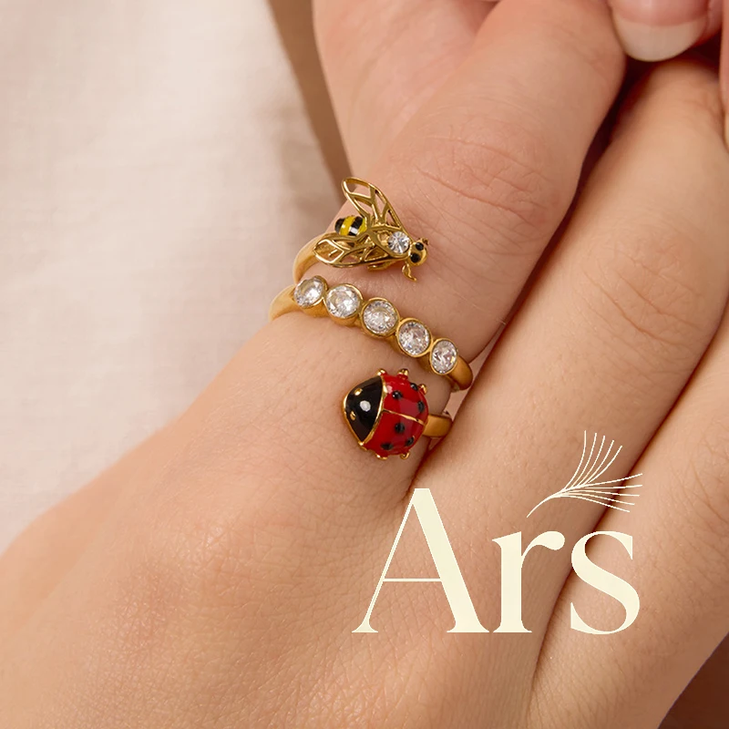 Ars Stainless Steel Ladybug Bee Ring 18k Gold Plated Inlaid Zircon Rings for Women Statement Enamel Insect Ring Adjustable Rings